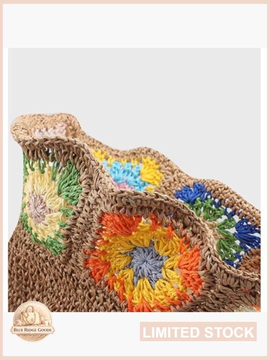 Crochet Granny Square Straw Bucket Hat Boho Floral Hollow Out Beach Sun Hat main image 5